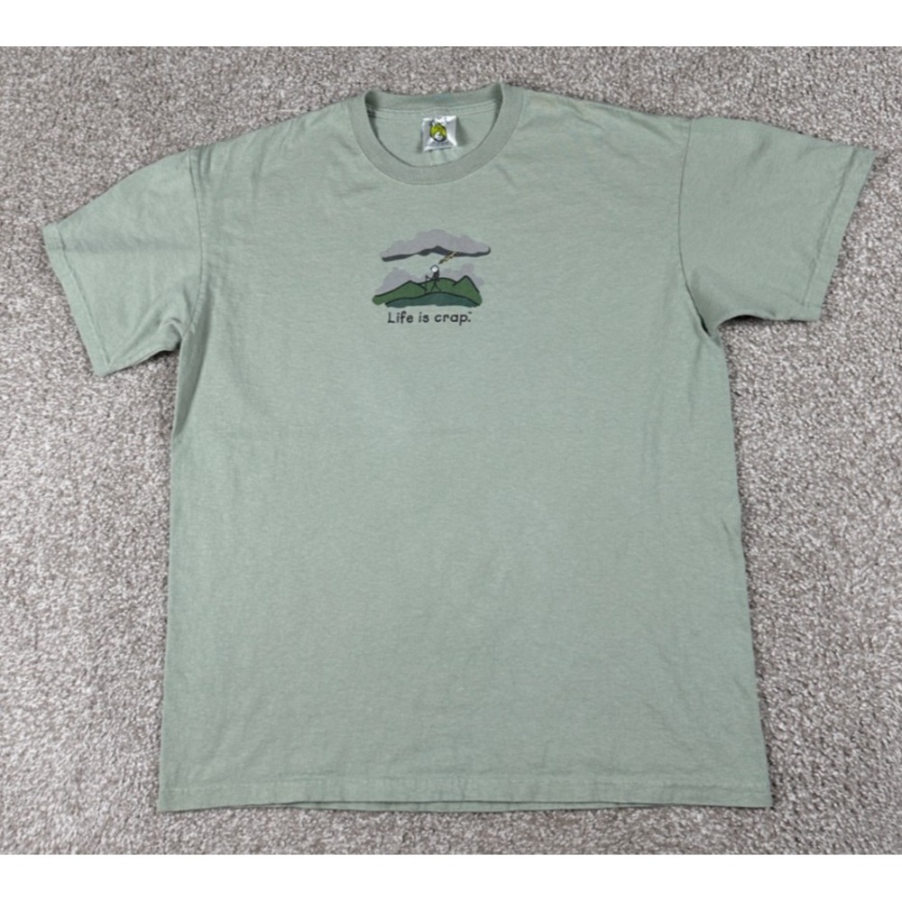 Life Is Crap Shirt Size Men Large Green Short Sleeve Hiking Outdoor Funny Parody